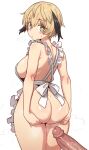  1boy 1girl absurdres after_sex alternate_breast_size_(larger) apron ass bad_link black_hair blonde_hair blush_stickers breasts cum cum_on_body cum_on_penis cum_string ebora fate/grand_order fate_(series) gareth_(fate) grabbing_own_ass green_eyes hair_flaps hetero highres large_breasts looking_at_viewer looking_back multicolored_hair naked_apron penis short_hair sideboob two-tone_hair uncensored white_background 