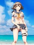  1girl ass_visible_through_thighs bangs bare_legs bikini bikini_under_clothes black_skirt blue_sailor_collar blue_sky blush breasts brown_hair cloud commentary_request covered_nipples crop_top day eyebrows_visible_through_hair feet_out_of_frame frown gloves gloves_removed hairband kantai_collection lifted_by_self looking_at_viewer medium_breasts miniskirt navel neckerchief ocean outdoors parted_lips pleated_skirt sailor_collar sameha_ikuya ship short_hair signature skirt sky solo standing stomach striped striped_bikini sweat swimsuit tanikaze_(kantai_collection) tareme thigh_strap underboob water watercraft white_gloves white_hairband yellow_eyes yellow_neckwear 