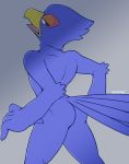  2019 abs animal_genitalia anthro avian beak bird butt digital_media_(artwork) falco_lombardi falcon falconid kemo_nuko looking_back male muscular nintendo nude simple_background solo star_fox video_games 