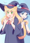  2019 animal_humanoid blonde_hair blue_eyes blue_hair blush cat_humanoid clothing duo felid felid_humanoid feline feline_humanoid female green_eyes hair hat headgear headwear humanoid mammal mammal_humanoid open_mouth pink_nose ribbons robe roina simple_background smile surprise tail_grab witch_hat 