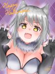  1girl bangs bare_shoulders black_gloves blush breasts cleavage eyebrows_visible_through_hair fang fingerless_gloves flower_knight_girl fur_collar ginryousou_(flower_knight_girl) gloves grey_hair halloween happy_halloween highres large_breasts long_hair looking_at_viewer open_mouth pink_nails smile yellow_eyes yukinoshiro 