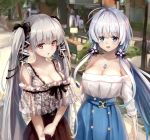  2girls absurdres alternate_costume azur_lane blue_eyes blush breasts casual cleavage collarbone commentary_request eyebrows_visible_through_hair floral_print formidable_(azur_lane) grey_hair hair_ribbon high-waist_skirt highres illustrious_(azur_lane) jewelry large_breasts long_hair multiple_girls off-shoulder_shirt off_shoulder open_mouth pendant red_eyes revision ribbon see-through shirt silver_hair skirt town tri_tails twintails very_long_hair wata0933 