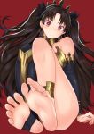  1girl anklet asymmetrical_legwear bangs barefoot black_bow bow breasts brown_hair closed_mouth collarbone commentary_request crown detached_collar detached_sleeves earrings fate/grand_order fate_(series) feet greek_toe hair_bow hair_spread_out head_tilt hoop_earrings ishtar_(fate/grand_order) jewelry kokuryuugan legs long_hair looking_at_viewer medium_breasts parted_bangs pov_feet red_background red_eyes shiny shiny_hair shiny_skin sidelocks simple_background single_thighhigh solo stirrup_legwear thighhighs thighs tiara toeless_legwear toes 