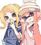  2girls :d bangs blonde_hair blue_shirt blunt_bangs blush bobblehat brown_headwear collared_shirt domino_mask drawstring fang green_shirt grey_eyes grin head_tilt hood hoodie inkling long_hair long_sleeves looking_at_viewer maco_spl makeup mascara mask medium_hair multiple_girls octarian octoling open_mouth pink_hair pink_shirt pointy_ears purple_eyes sharp_teeth shirt side-by-side simple_background smile splatoon_(series) standing striped striped_hat striped_shirt suction_cups teeth tentacle_hair v white_background yellow_tongue 