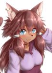 2019 accessory anthro blue_eyes blush breasts brown_body brown_ears brown_fur brown_hair brown_tail choker clothed clothing cute_fangs domestic_cat dress ear_piercing felid feline felis female fur gundam gundam_build_divers_re:rise hair hair_accessory hand_behind_head hi_res horokusa0519 inner_ear_fluff jewelry kemono long_hair looking_at_viewer maiya_(gundam_build_divers_re:rise) mammal necklace piercing simple_background small_breasts solo tuft white_background 