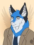  2019 anthro blue_body blue_fur bust_portrait canid canine clothed clothing fox fur glowing grinn3r hi_res male mammal portrait profile solo supernatural_(tv_show) white_eyes 