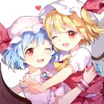  2girls ;d ascot bangs bat_wings blonde_hair blue_hair blush brooch commentary_request dress eyebrows_visible_through_hair fang flandre_scarlet glomp hat hat_ribbon heart highres hug jewelry looking_at_viewer mob_cap multiple_girls one_eye_closed one_side_up open_mouth pink_dress pink_headwear puffy_short_sleeves puffy_sleeves red_eyes red_neckwear red_ribbon red_skirt red_vest remilia_scarlet ribbon risui_(suzu_rks) shirt short_hair short_sleeves siblings simple_background sisters skirt skirt_set smile touhou upper_body vest white_background white_headwear white_shirt wings wrist_cuffs 