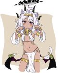  1girl ahoge alternate_costume alternate_skin_color ancient_egyptian ancient_egyptian_clothes animal_ears black_horns blue_archive cat_ears dark-skinned_female dark_skin demon_wings e_v_e_neko highres hina_(blue_archive) horns if_you_want_to_become_a_godly_artist_(trend) looking_at_viewer navel purple_eyes solo tail usekh_collar wings 