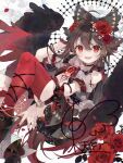  1girl ahoge artist_logo asymmetrical_legwear bird_wings black_hair black_nails black_skirt black_wings bow choker clothing_cutout commentary crossed_bangs double-parted_bangs fangs flower hair_bow hair_flower hair_ornament knees_up logo long_hair looking_at_viewer miniskirt puffy_short_sleeves puffy_sleeves red_choker red_eyes red_flower red_nails red_rose red_thighhighs reiuji_utsuho rose shirt short_sleeves shoulder_cutout single_thighhigh skin_fangs skirt smile solo thighhighs third_eye tongue tongue_out touhou toutenkou very_long_hair watermark watermark_grid white_shirt wings 