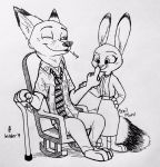  2019 barefoot black_and_white boop bottomwear canid canine clothed clothing dipstick_ears disney fox fully_clothed hi_res inktober jewelry judy_hopps lagomorph leporid mammal monochrome multicolored_ears necklace necktie nick_wilde old one_eye_closed pants rabbit rocking_chair shirt simple_background skirt smile standing theblueberrycarrots topwear white_background wink zootopia 