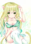  1girl animal_ear_fluff animal_ears arm_support arm_up bangs bare_arms bare_shoulders blush bow bow_bra bra breasts cat_ears cat_girl cat_tail closed_mouth collarbone commentary_request eyebrows_visible_through_hair frilled_bra frills green_bra green_eyes green_hair green_panties hair_between_eyes knee_up long_hair medium_breasts multicolored_hair nanase_nao navel original panties plaid plaid_bra side-tie_panties sitting solo tail thighhighs two-tone_hair underwear very_long_hair white_legwear 