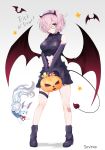  1girl absurdres artist_name bare_shoulders bat_wings blush boots breasts commentary_request fake_horns fate/grand_order fate_(series) fou_(fate/grand_order) glasses hair_ornament hair_over_one_eye halloween highres holding horns large_breasts looking_at_viewer mash_kyrielight navel pumpkin purple_eyes purple_hair short_hair simple_background solo soveno star tail trick_or_treat white_background wings 