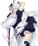  1girl anastasia_(fate/grand_order) apron blue_eyes bnc_(bunshi) breasts broom choker fate/grand_order fate_(series) hairband huge_breasts long_hair maid maid_apron silver_hair smile thighhighs very_long_hair white_background 