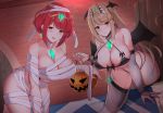  2girls bandages bed bent_over bikini black_bikini blanket blonde_hair blush breasts bridal_gauntlets choker cleavage commentary_request criss-cross_halter crystal demon_wings earrings halloween halloween_basket halloween_costume halterneck head_wings highres hikari_(xenoblade_2) homura_(xenoblade_2) jewelry large_breasts multi-strapped_bikini multiple_girls mummy_costume noeomi open_mouth pillow red_eyes red_hair swimsuit tiara wings xenoblade_(series) xenoblade_2 yellow_eyes 