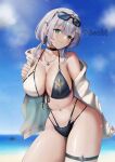  1girl beach bikini black_bikini blue_eyes blue_sky cloud day eyewear_on_head front-tie_bikini_top front-tie_top grey_hair highres hololive horizon multi-strapped_bikini_bottom multicolored_bikini ocean outdoors shirogane_noel shirogane_noel_(summer_2020) sky solo sunglasses swimsuit two-tone_bikini virtual_youtuber yamamori_kinako 