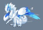  2019 4_toes ambiguous_gender blue_body blue_feathers claws dragon feathered_dragon feathered_wings feathers feral grey_background hair horn scales shirounagi simple_background solo toes white_body white_feathers white_hair white_scales wings 