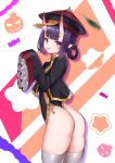  1girl ass bangs black_dress bow braid commentary_request dress eyebrows_visible_through_hair fang fate/grand_order fate_(series) grey_legwear hair_bow halloween hands_up hat highres horns jack-o&#039;-lantern jiangshi long_sleeves mo_ying_yu ofuda oni oni_horns parted_lips purple_eyes purple_hair qing_guanmao red_bow red_headwear short_dress short_eyebrows shuten_douji_(fate/grand_order) skindentation sleeves_past_fingers sleeves_past_wrists solo star thick_eyebrows thighhighs tongue tongue_out wide_sleeves 