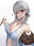  1girl absurdres babydoll blue_babydoll blue_choker breasts choker chopsticks clenched_teeth collarbone food frilled_choker frills green_eyes grey_hair hair_rings heart highres holding holding_chopsticks holding_food hololive iggy2077 jewelry large_breasts long_hair navel necklace one_eye_closed shirogane_noel shirogane_noel_(9th_costume) single_hair_ring solo stomach teeth upper_body virtual_youtuber white_background 
