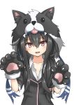  1girl animal_hood black_hair blazer commentary_request dog_hood fangs gloves hatsushimo_(kantai_collection) headband highres hood jacket kantai_collection long_hair looking_at_viewer low-tied_long_hair paw_gloves paw_pose paws red_eyes remodel_(kantai_collection) school_uniform simple_background skin_fangs solo umino_ht upper_body white_background 