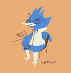  2018 2_toes 4_fingers anthro avian b5din_(artist) beak berdly bird_feet blue_body blue_feathers bottomless chair clothed clothing deltarune eyebrows eyewear feathers featureless_crotch fingers furniture glasses hi_res male raised_eyebrow shirt simple_background sitting smile smirk smug solo tan_background toes topwear video_games 
