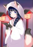  2019 anthro asian_clothing black_hair blue_eyes braided_hair canid canine clothing east_asian_clothing female fox hair hood lamp looking_at_viewer mammal post_transformation roina simple_background smile solo 