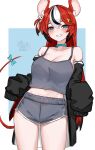  1girl :d absurdres animal_ear_fluff animal_ears black_choker black_hair black_jacket blue_eyes bow breasts camisole choker cleavage colored_tips commentary cowboy_shot crossed_bangs dice_hair_ornament dolphin_shorts double-parted_bangs grey_camisole grin hair_between_eyes hair_ornament hakos_baelz highres hololive hololive_english jacket large_breasts long_hair looking_at_viewer midriff mouse_ears mouse_girl mouse_tail multicolored_hair navel off_shoulder red_hair sharp_teeth short_shorts shorts simple_background sleeves_past_fingers sleeves_past_wrists smile solo soup_(soupysoull) streaked_hair tail tail_bow tail_ornament teeth very_long_hair virtual_youtuber white_hair 