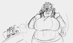  anthro big_breasts blep breasts canid canine canis clothed clothing domestic_dog ear_piercing ear_ring female female_anthro front_view huge_breasts jezzlen mammal millie_(jezzlen) monochrome mouth_closed obscured_eyes piercing ring_piercing simple_background sketch solo sweater tongue tongue_out topwear under_blanket 