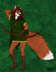  2019 5_fingers alishka anthro brown_hair canid canine clothed clothing digital_media_(artwork) female fingers fox fur green_background hair hi_res holding_bow holding_object holding_weapon mammal orange_body orange_fur simple_background solo standing weapon 