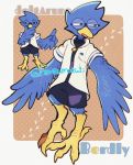  2019 4_toes anisodactyl anthro avian beak berdly bird_feet blue_body blue_feathers bottomwear clothed clothing deltarune english_text eyewear feathers fully_clothed glasses half-closed_eyes hand_on_face honzumaruii_(artist) jacket looking_at_viewer male multiple_poses open_mouth pose shirt shorts simple_background solo standing talons text toes topwear video_games wings zipper 