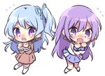  2girls angel_beats! bang_dream! blue_eyes blush commentary_request drumsticks eyebrows_visible_through_hair flying_sweatdrops hanasakigawa_school_uniform harmonia irie_(angel_beats!) long_hair looking_at_viewer matsubara_kanon multiple_girls purple_eyes purple_hair school_uniform shinda_sekai_sensen_uniform trembling 