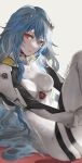  1girl ayanami_rei blue_hair bodysuit breasts evangelion:_3.0+1.0_thrice_upon_a_time grey_background hair_between_eyes hair_ornament hair_over_shoulder highres hugging_own_legs ikuyoan interface_headset_(evangelion) long_hair looking_at_viewer mecha_pilot_suit medium_breasts neon_genesis_evangelion parted_lips plugsuit_(evangelion) rebuild_of_evangelion red_eyes sidelocks signature simple_background sitting solo striped_bodysuit twitter_username very_long_hair white_bodysuit 