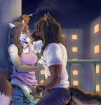  2019 anthro black_hair brown_hair canid canine canis cigarette clothed clothing detailed_background digital_media_(artwork) domestic_dog ear_piercing ear_ring eyes_closed female fondling foreplay fox german_shepherd hair herding_dog hi_res male male/female mammal marjani night outside pastoral_dog piercing sky smoking star starry_sky vaginal_fingers 