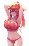  1girl armpits arms_behind_head arms_up bikini blue_eyes breasts cleavage closed_mouth collarbone cowboy_shot go-toubun_no_hanayome hair_ornament high_ponytail highres large_breasts layered_bikini long_hair looking_at_viewer nakano_itsuki navel pony_(shihyo-6591) red_bikini red_hair sidelocks simple_background solo star star_hair_ornament stomach swimsuit very_long_hair white_background 