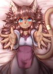  2019 5_fingers accessory anthro bed blue_eyes blush breasts brown_body brown_ears brown_fur brown_hair brown_tail choker clothed clothing cute_fangs domestic_cat dress ear_piercing felid feline felis female fingers fur furniture gundam gundam_build_divers_re:rise hair hair_accessory hi_res horokusa0519 inner_ear_fluff jewelry kemono long_hair looking_at_viewer lying maiya_(gundam_build_divers_re:rise) mammal necklace on_back on_bed piercing portrait small_breasts solo tail_accessory three-quarter_portrait tuft 