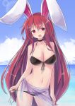  1girl :d animal_ears bangs bare_arms bare_shoulders bikini bikini_pull black_bikini black_choker blue_sky blush breasts bunny_ears choker cleavage cloud collarbone commentary day earrings eyebrows_visible_through_hair front-tie_bikini front-tie_top hair_between_eyes head_tilt highres horizon jewelry large_breasts long_hair navel ocean open_mouth original outdoors pulled_by_self red_eyes red_hair ryogo sarong see-through side-tie_bikini sky smile solo swimsuit untied untied_bikini usami_tsuitachi very_long_hair water 