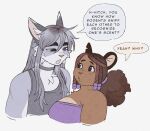 2025 ambiguous_gender anthro big_breasts breasts brown_body brown_fur chest_tuft collar countershading curly_hair dialogue domestic_cat dreadlocks duo english_text felid feline felis female fur grey_body grey_fur hair hitch_(wolfertinger) hitomi_(wolfertinger) inner_ear_fluff long_hair mammal mouse murid murine rodent simple_background speech_bubble t4t text trans_(lore) trans_man_(lore) trans_woman_(lore) tuft wolfertinger