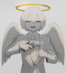  1other absurdres androgynous angel angel_wings avogado6 concealed_weapon formal gun halo handgun highres muted_color necktie original red_eyes revolver short_hair smile solo suit upper_body weapon white_hair wings 