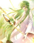  1other absurdres boa_sorte chain cloak collarbone commentary_request fate/grand_order fate/strange_fake fate_(series) from_side green_eyes green_hair highres kingu_(fate) long_hair revision solo standing white_cloak 