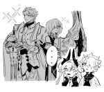  ... 2boys 2girls armor arondight_(fate) fang fate/grand_order fate_(series) galahad_(fate) greyscale hair_over_one_eye highres holding holding_shield holding_sword holding_weapon horns lancelot_(fate/grand_order) lilith_(fate) long_hair lord_camelot_(fate) mash_kyrielight mash_kyrielight_(paladin) monochrome multiple_boys multiple_girls shield spoken_ellipsis sword tetro_mino361 twintails weapon 