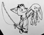  2019 angry barefoot black_and_white bottomwear canid canine clothed clothing disney ears_down eyewear fennec finnick fishing_reel fox fully_clothed grin hi_res holding_object inktober inner_ear_fluff lifting looking_at_another mammal monochrome nick_wilde pants pivoted_ears shirt simple_background smile sunglasses teeth theblueberrycarrots topwear tuft white_background zootopia 