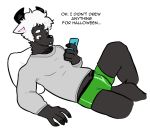 anthro blush bulge canid canine cellphone clothed clothing digital_media_(artwork) facial_hair fingers fur hair holding_object holding_phone horn invalid_tag lying male mammal muscular muscular_male partially_clothed phone pillow simple_background solo soot_in_suit text topwear underwear 