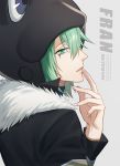  1boy 954740837 animal_hat black_headwear character_name facial_mark fran_(reborn) frog_hat fur_collar fur_trim green_eyes green_hair grey_background hand_to_own_mouth hat katekyo_hitman_reborn! long_hair looking_at_viewer male_focus parted_lips short_hair sidelocks simple_background solo upper_body 