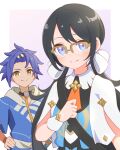  1boy 1girl black_hair blue_eyes blue_hair blue_hoodie cai_(fire_emblem) character_request dark-skinned_male dark_skin fire_emblem fire_emblem:_fortune's_weave glasses highres hood hood_down hoodie ikonaska looking_at_viewer low_twintails twintails two-tone_hoodie upper_body white_hoodie yellow_eyes 