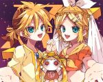  1boy 1girl :d aimaina blonde_hair blue_eyes brother_and_sister commentary_request crop_top cropped_shirt double-parted_bangs hair_between_eyes hair_ornament hair_ribbon hairclip holding_hands interlocked_fingers kagamine_len kagamine_rin kaho_0102 long_sleeves looking_at_viewer midriff navel neckerchief open_mouth orange_shirt parallel_hairclips parted_bangs purple_background ribbon shirt short_hair short_sleeves siblings smile sparkle striped_neckerchief twins upper_body vocaloid white_ribbon yellow_neckerchief yellow_shirt 