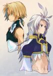  2boys aqua_eyes bare_shoulders blonde_hair closed_mouth cropped_jacket cropped_torso cropped_vest feather_hair_ornament feathers final_fantasy final_fantasy_ix gold_trim grey_background grey_hair hair_ornament hair_ribbon kuja long_hair low_ponytail male_focus midriff multiple_boys navel neck_ribbon parted_bangs ponytail ribbon shirt short_hair sleeveless sleeveless_shirt takase_toho vest white_shirt white_sleeves zidane_tribal 