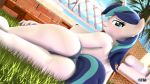  16:9 3d_(artwork) anthro anthrofied anthroponiessfm big_breasts blue_eyes blue_hair blush bottomwear breasts butt clothed clothing crossgender digital_media_(artwork) equid female friendship_is_magic hair hi_res horn huge_breasts jeans long_hair looking_at_viewer looking_back lying mammal my_little_pony nipples pants partial_nudity shining_armor_(mlp) shorts solo source_filmmaker topless unicorn 