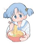  1girl blue_eyes blue_hair bowl chewing chopsticks cube_hair_ornament egg_(food) food hair_ornament hardboiled_egg highres holding holding_bowl holding_chopsticks looking_at_viewer naganohara_mio nichijou noodles ramen school_uniform short_twintails solo stray_hair sweat tokisadame_school_uniform twintails white_background wichimi 