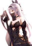  1girl armor armored_dress backless_dress backless_outfit bare_shoulders black_choker black_dress black_gloves black_hairband black_ribbon bosumonki breasts choker cleavage collarbone cowboy_shot cross cross_earrings dagger dress earrings elbow_gloves eyebrows_visible_through_hair girls_frontline gloves gun hair_ribbon hairband handgun highres holding holding_gun holding_weapon jewelry long_hair medium_breasts one_side_up red_eyes ribbon see-through sheath sheathed silver_hair simple_background solo strapless strapless_dress tokarev_(girls_frontline) tokarev_tt-33 trigger_discipline very_long_hair weapon white_background 