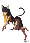  1girl :3 :d abi_ervin absurdres ancient_egyptian animal_ear_fluff animal_ears barefoot black_hair blonde_hair blue_eyes blunt_bangs bracelet cat_ears cat_girl cat_tail colored_inner_hair commentary facial_mark fang full_body highres if_you_want_to_become_a_godly_artist_(trend) jewelry looking_at_viewer multicolored_hair open_mouth original simple_background smile solo tail two-tone_hair whisker_markings white_background 