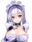  1girl arm_guards arm_under_breasts azur_lane bangs belfast_(azur_lane) blue_eyes blush braid breasts chain cleavage collar collarbone dress eyebrows_visible_through_hair french_braid frills gloves hand_up large_breasts long_hair looking_at_viewer maid maid_headdress shirokitsune silver_hair simple_background smile solo upper_body white_background white_gloves 